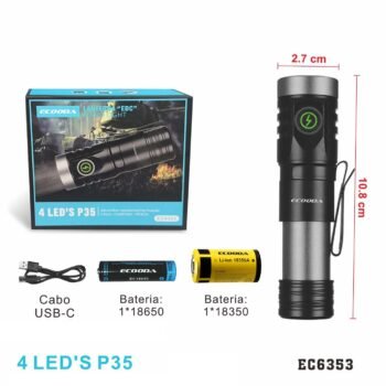 EC6353  MINI LANTERNA TÁTICA 12W  (4 LED'S P35) COM 2 TIPOS DE  BATERIAS OPÇOES DE USO